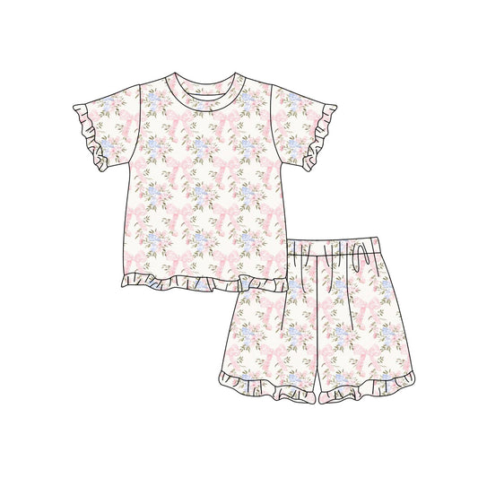 Preorder (moq 5)Baby Girls Pink Bow Flowers Checked Top Ruffle Shorts Clothes Sets