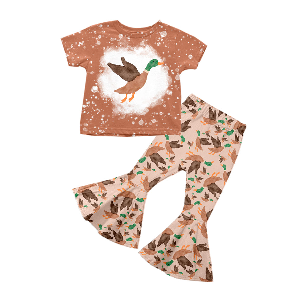 Preorder (moq 5)Baby Girls Khaki Short Sleeves Ducks Top Bell Bottom Pant Set