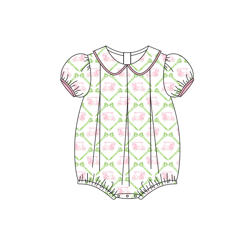 Preorder(moq 5)Baby Infant Girls Short Ruffle Sleeves Pink Golf Trucks Ruffle Rompers