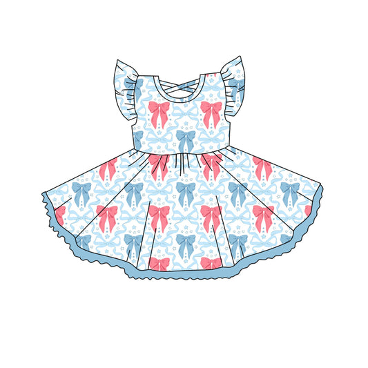 Baby Girls Flutter Sleeves Blue Red Stars Bows 4th Of July Knee Length Dresses Preorder