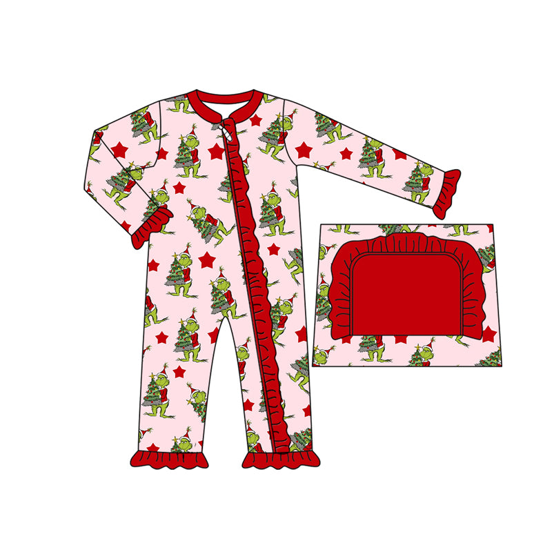 preorder(moq 5)Baby Infant Girls Christmas Trees Green Face Ruffle Zipper Rompers