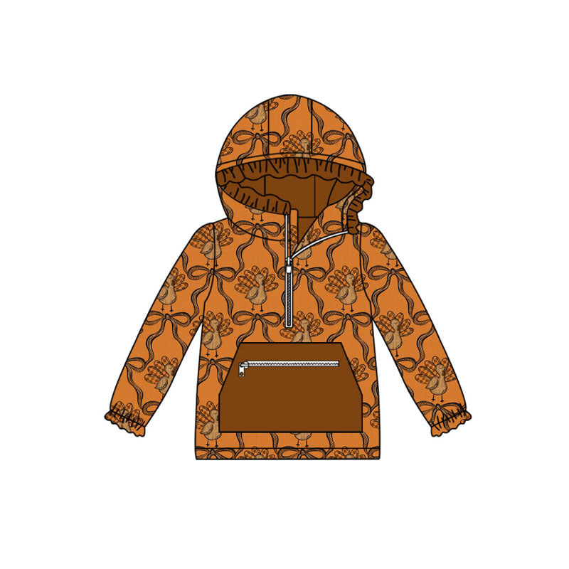 Preorder(moq 5)Baby Girls Brown Bows Turkey Plaid Thanksgiving Pockets Zipper Hoodie Tops