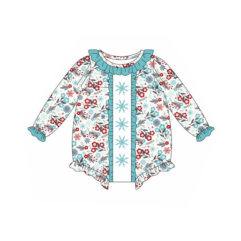 Preorder (moq 5)Baby Girls Long Sleeves Blue Red Flowers Snowflake Ruffle Rompers