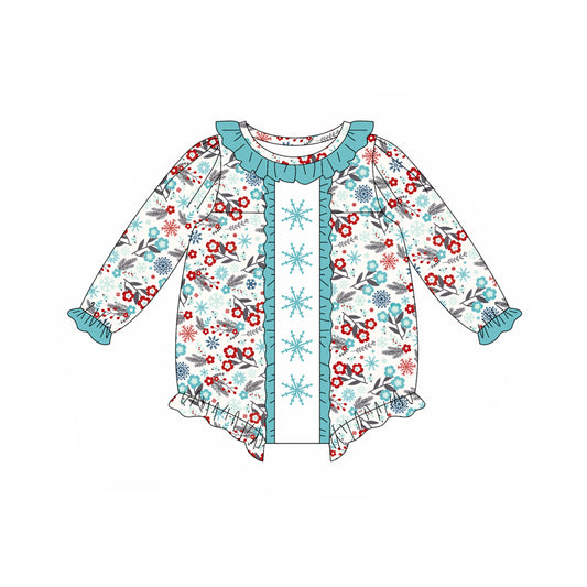 Preorder (moq 5)Baby Girls Long Sleeves Blue Red Flowers Snowflake Ruffle Rompers