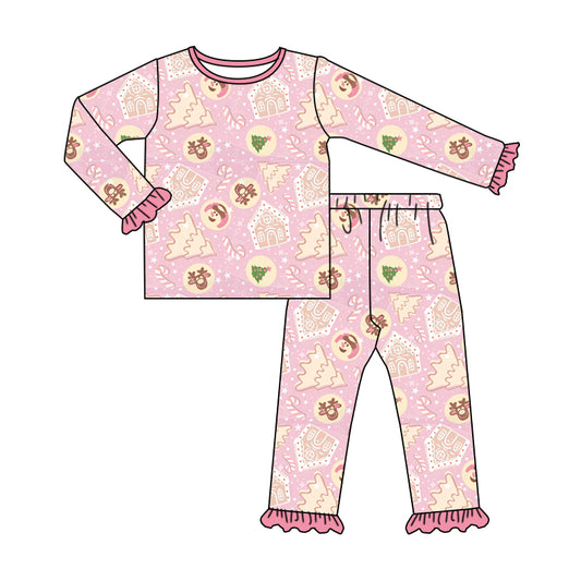 Preorder (moq 5)Baby Girls Pink Long Ruffle Sleeves Deer Trees Plaid Top Pant Pajamas Sets