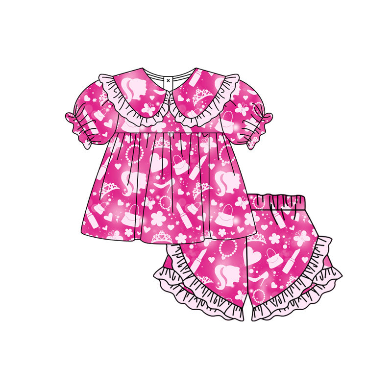Preorder (moq 5)Baby Girls Cartoon Dolls Collar Tunic Ruffle Shorts Clothes Set