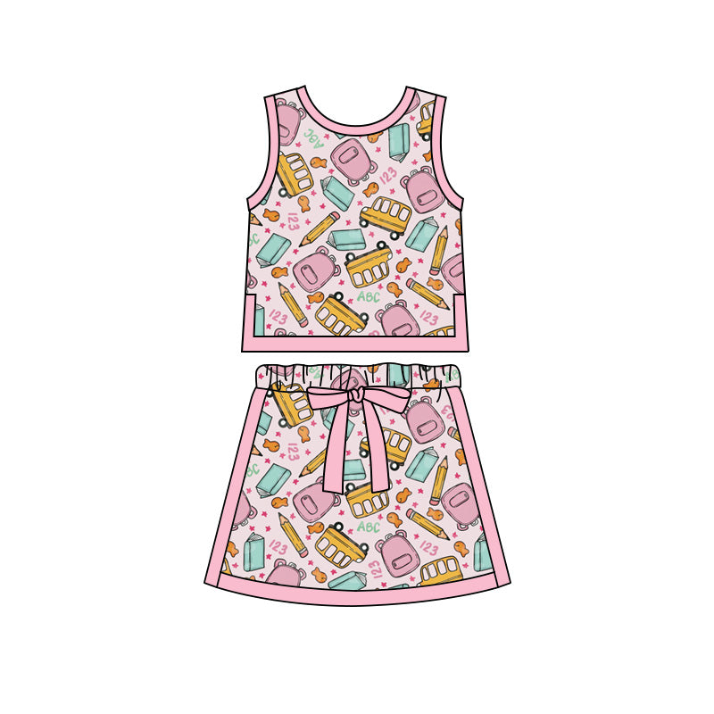 Preorder moq 5 Baby Girls Bus Pencils Vests Skirt Shorts Back to School Clothes Set
