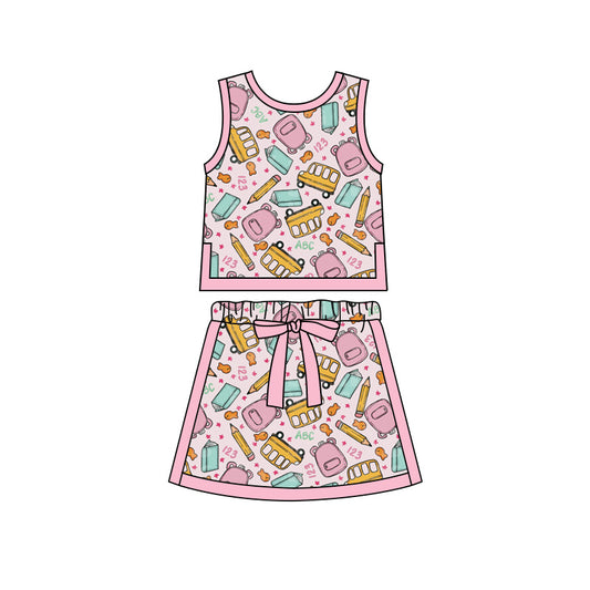 Preorder moq 5 Baby Girls Bus Pencils Vests Skirt Shorts Back to School Clothes Set