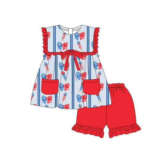 Preorder (moq 5)Baby Girls Sleeveless Blue Red Fireworks Bows Pockets Tunic Ruffle Shorts 4th Of July Set