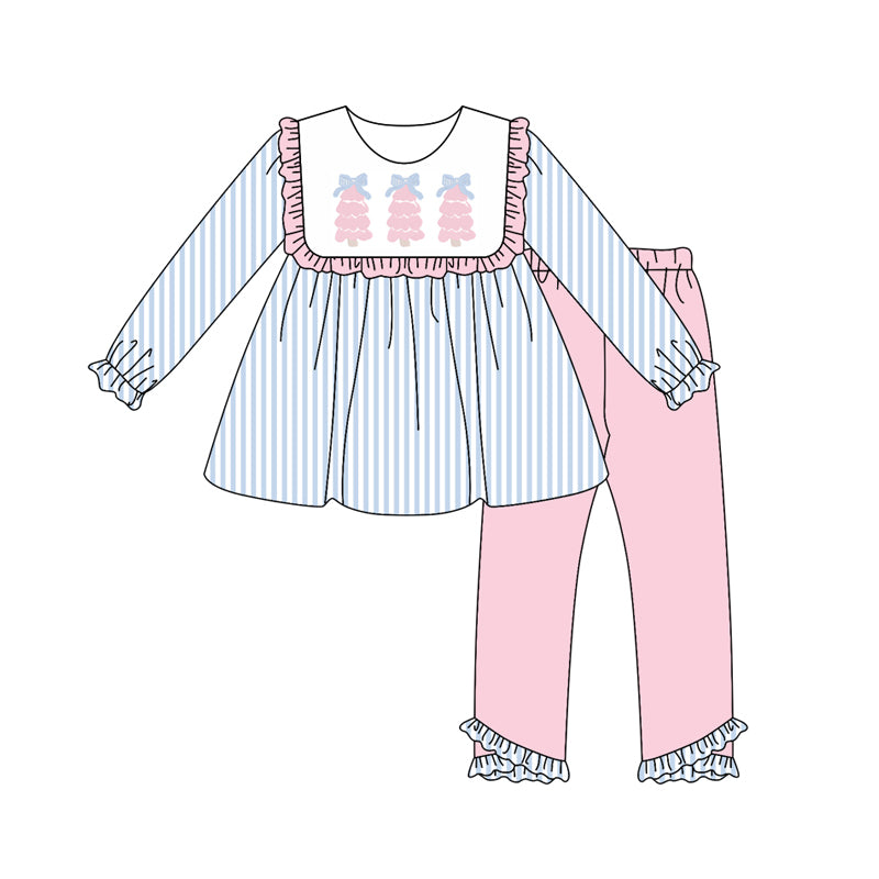 Preorder (moq 5)Baby Girls Long Ruffle Sleeves Blue Stripes Trees Tunic Pink Legging Pant Sets