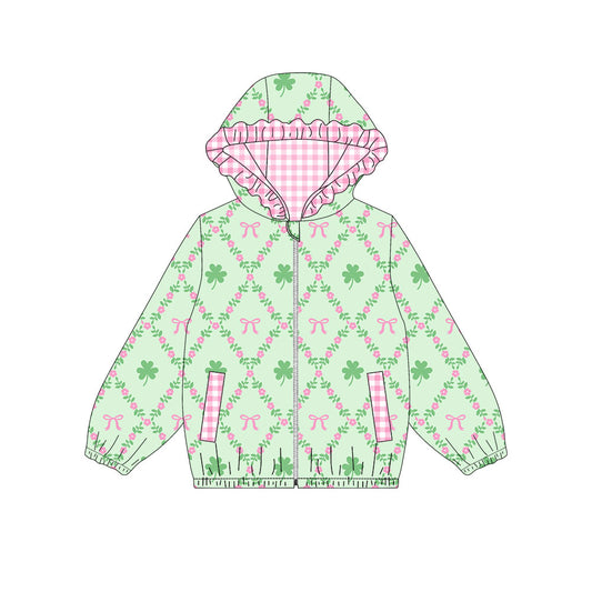 Preorder (moq5) Baby Girls Clovers Bows Checked Zip Pickets St Patrick Ruffle Hoodies Jacket Top
