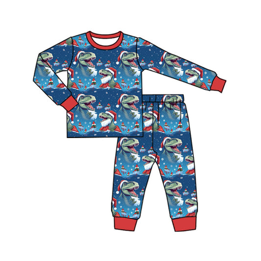 Preorder (moq 5)Baby Boys Hats Dinosaurs Trees Top Pants Christmas Blue Pajamas Sets