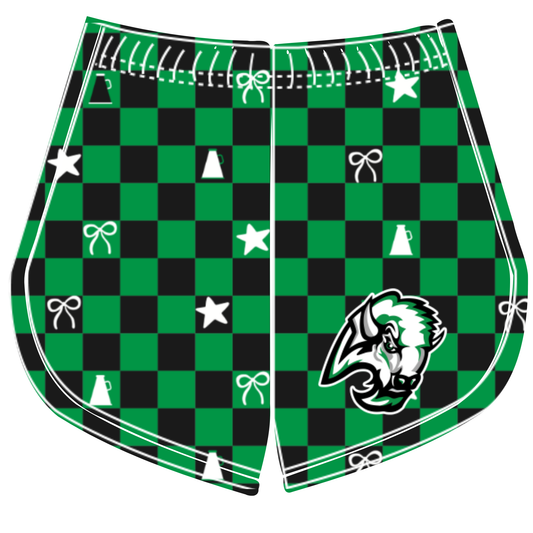 Preorder (moq 5)Baby Girls Green Black Checked Bison Cheer Team Shorts Bottoms