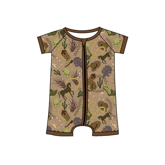 Preorder(moq 5)Baby Infant Boys Olive Short Sleeves Boots Horses Zipper Summer Rompers