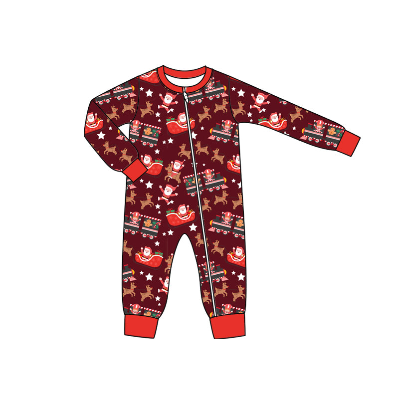 Preorder moq 5 Baby Infant Boys Long Sleeves Red Santa Deer Trees Stars Zipper Romper