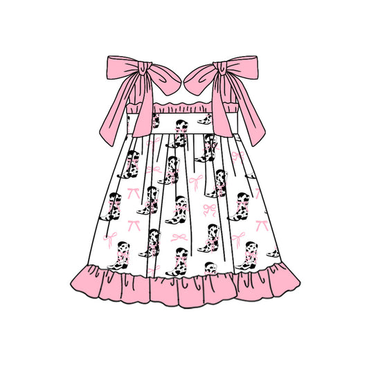 Preorder (moq 5)Baby Girls Pink Strap Cow Print Boots Bows Knee Length Dresses