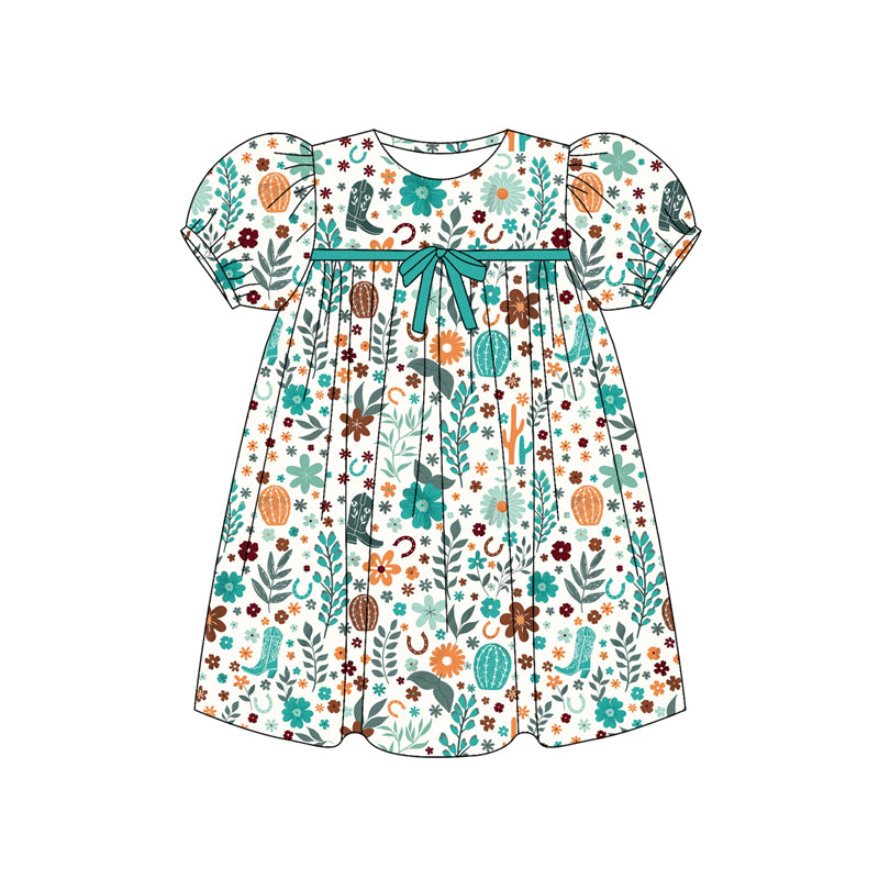 Preorder (moq 5)Baby Girls Short Ruffle Sleeves Green Boots Floral Knee Length Dresses