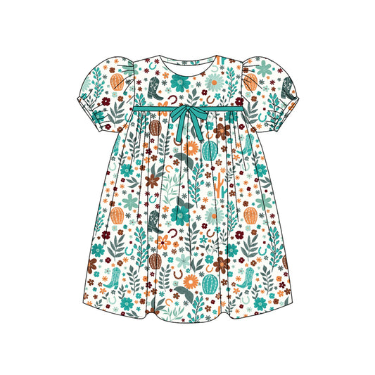 Preorder (moq 5)Baby Girls Short Ruffle Sleeves Green Boots Floral Knee Length Dresses