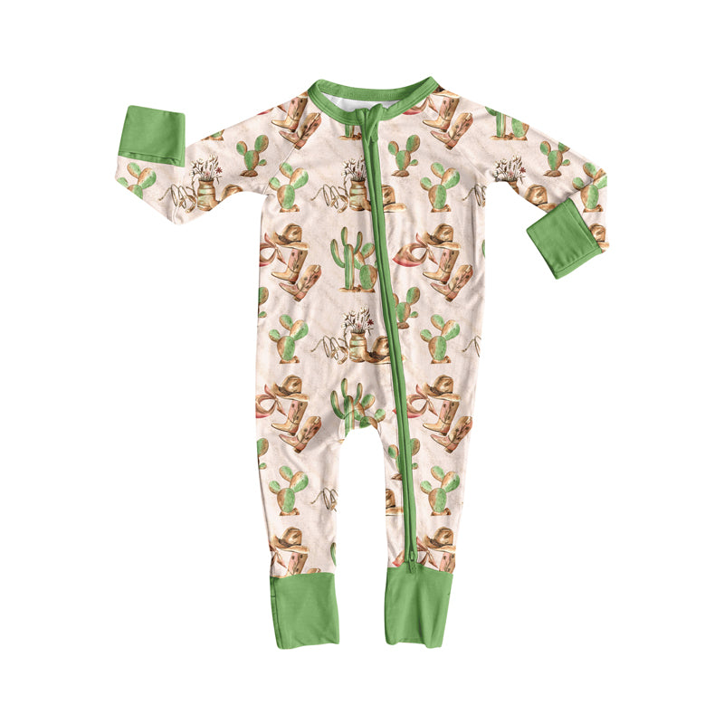 Preorder(moq 5)Baby Boys Western Boots Cactus Cowboys Rodeo Zipper Footie Rompers