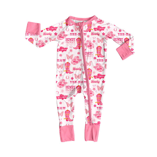 Preorder (moq 8)Baby Girls Pink Hats Boots Howdy Western Zipper Footie Rompers