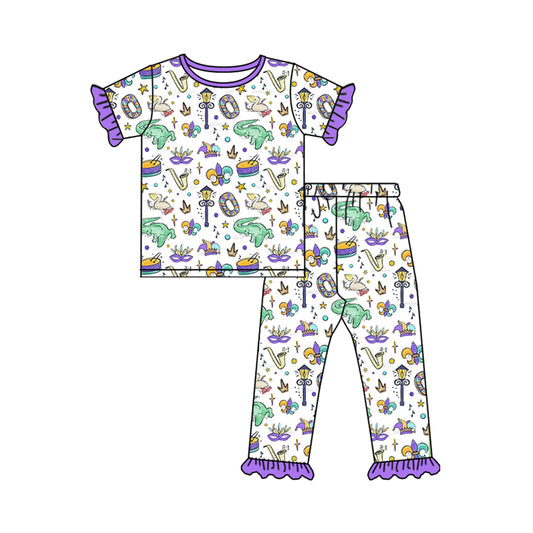 Preorder (moq5) Baby Girls Mardigras Anchors Crowns Top Ruffle Pant Pajamas Set