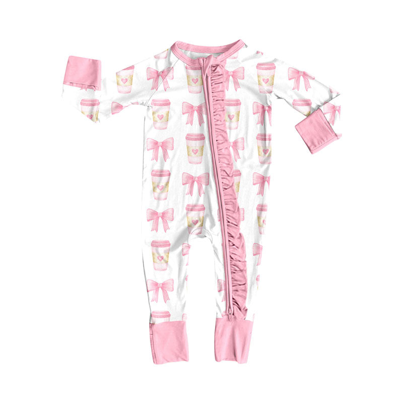 Preorder (moq 5)Baby Girls Pink Bows Coffee Valentine Ruffle Zipper Footie Rompers