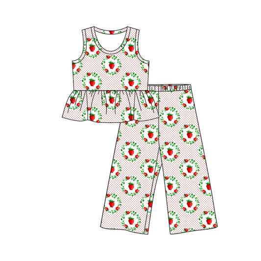 Preorder (moq 5)Baby Girls Strawberry Polka Dots Tunic Flare Pant Clothes Sets