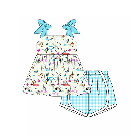 Preorder moq 5 Baby Girls Aqua Strap Cartoon Dogs Beach Tunic Plaid Short Set