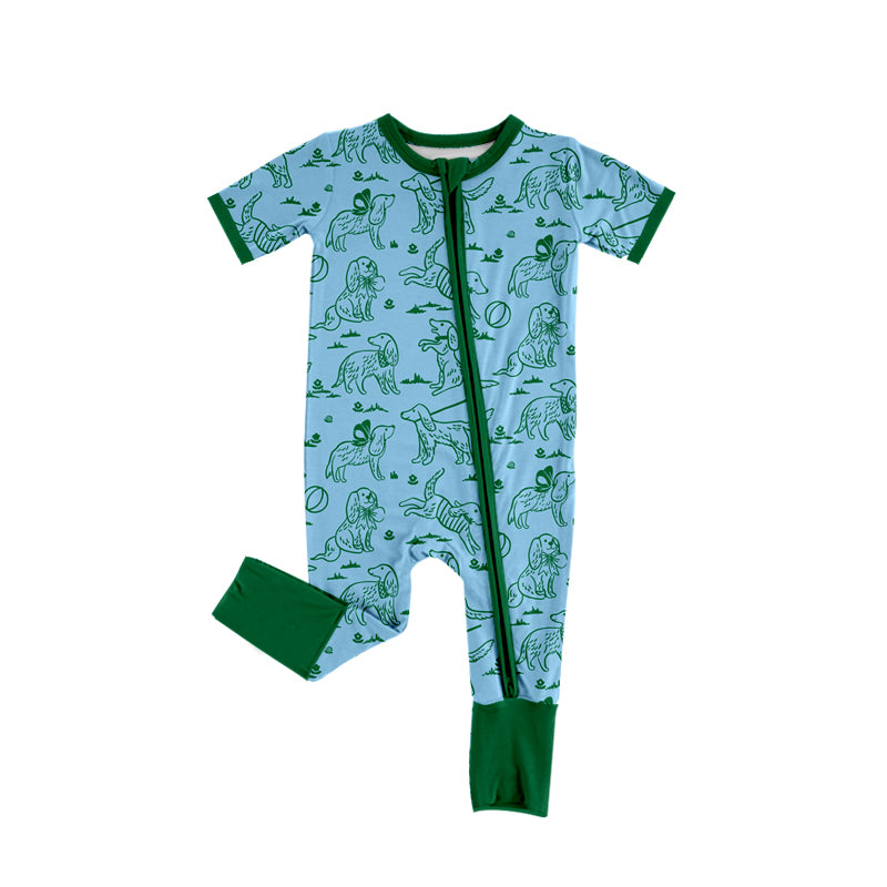 Preorder moq 5 Baby Infant Boys Green Short Sleeves Balls Dogs Plaid Zipper Romper