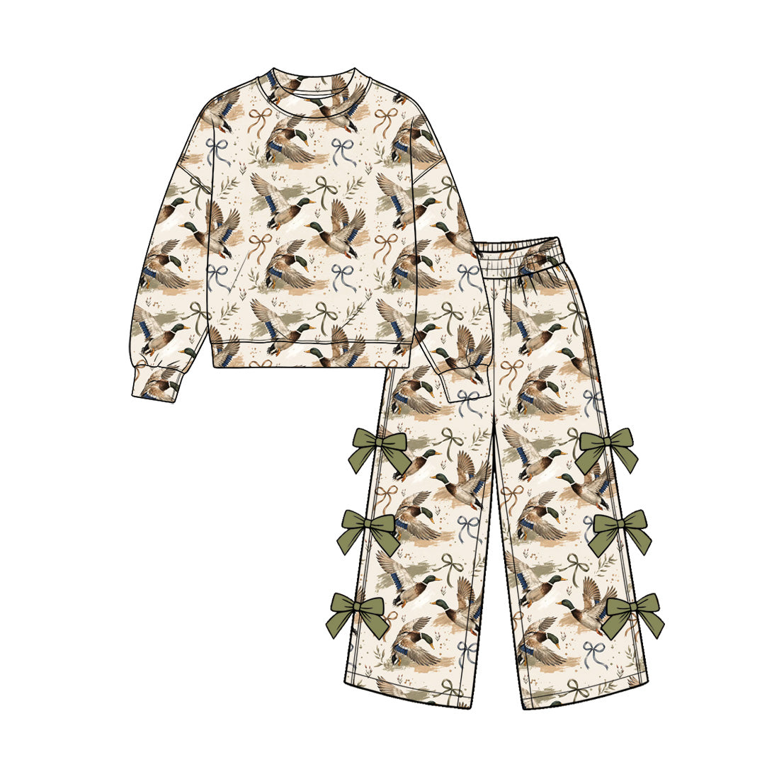 Preorder (moq 5) Baby Girl Clothes Mallard Duck Print Long Sleeve Top Side Bow Wide Leg Pants Outfit Set