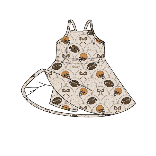 Preorder (moq 5)Baby Girls Strap Footballs Bows Checked Team Shorts Knee Length Dress