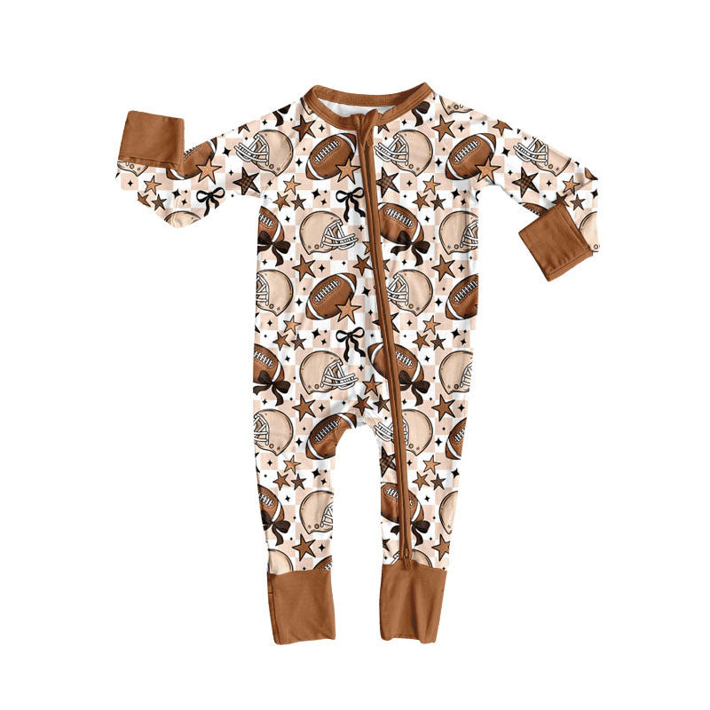 Preorder (moq 5)Baby Boys Long Sleeve Khaki Checked Stars Footballs Team Zipper Footie Rompers