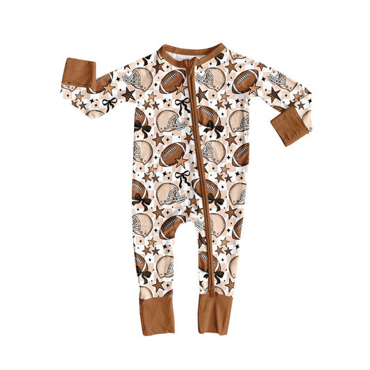 Preorder (moq 5)Baby Boys Long Sleeve Khaki Checked Stars Footballs Team Zipper Footie Rompers