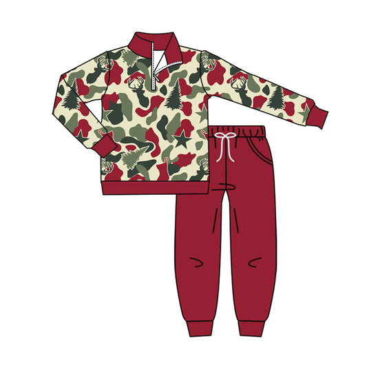 Preorder(moq 8)Baby Boys Christmas Trees Deer Zipper Pullovers Pockets Jogger Clothes Sets