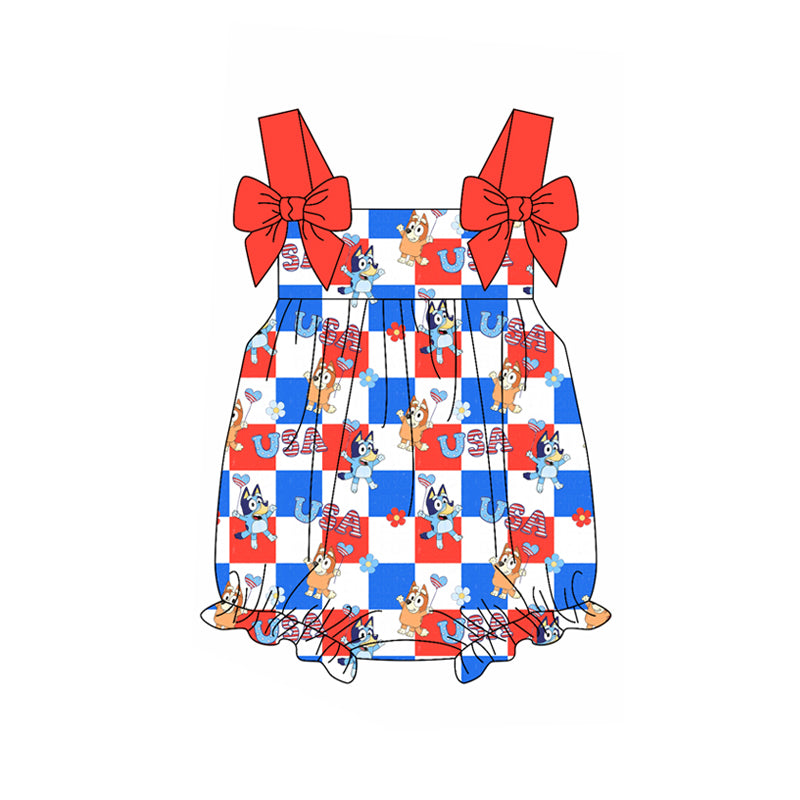 Preorder(moq 5)Baby Infant Girls 4th Of July USA Dogs Straps Summer Rompers