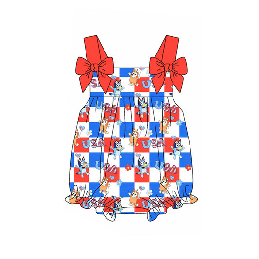 Preorder(moq 5)Baby Infant Girls 4th Of July USA Dogs Straps Summer Rompers