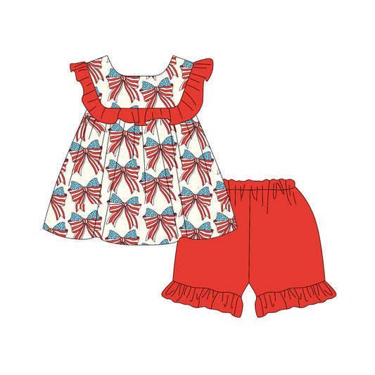 Preorder (moq 5)Baby Girls 4th Of July Bows Tunic Top Shorts Clothes Sets