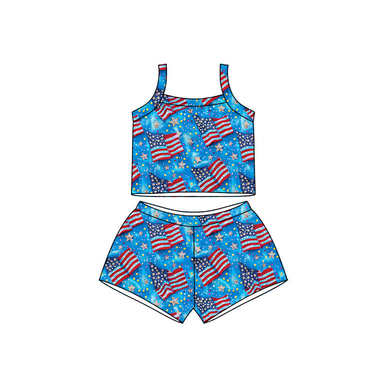 Preorder (moq 5)Baby Girls Strap Stars Flags Top Shorts 4th of July Clothes Set