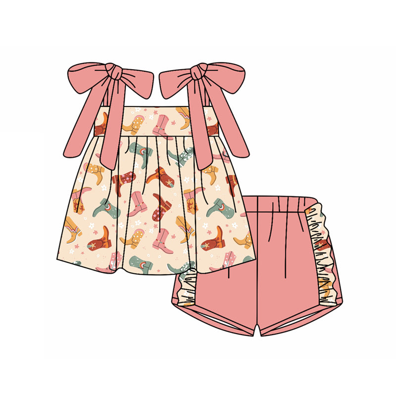 Preorder (moq 5)Baby Girls Peach Strap Colorful Boots Tunic Ruffle Shorts Clothes Sets