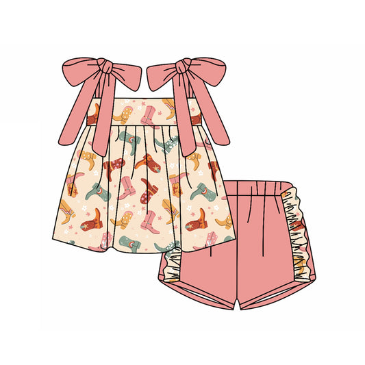 Preorder (moq 5)Baby Girls Peach Strap Colorful Boots Tunic Ruffle Shorts Clothes Sets