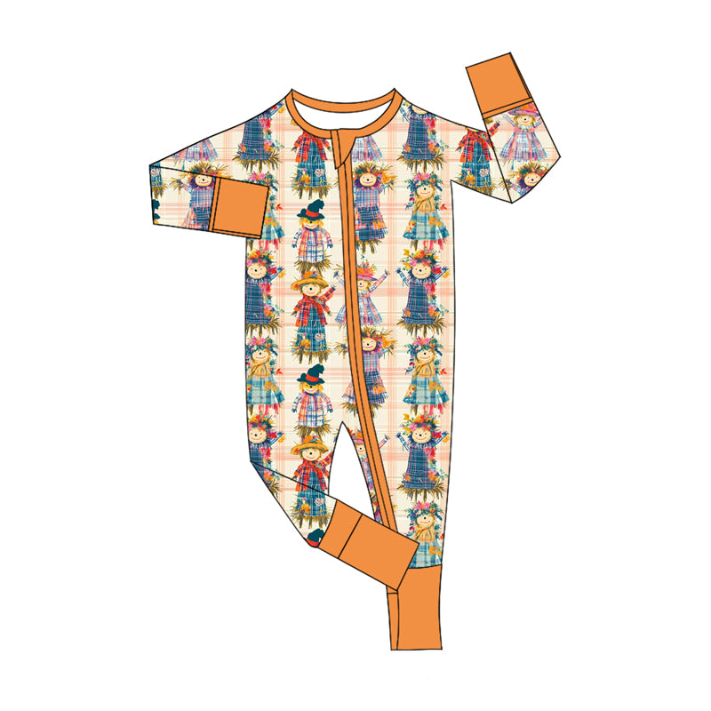 Preorder (moq 5)Baby Boys Orange Plaid Long Sleeves Scarecrows Zipper Rompers