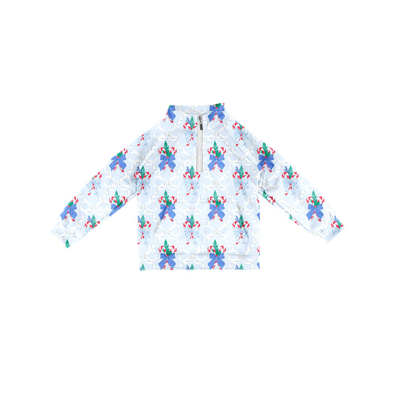 Preorder (moq 5)Baby Kids Long Sleeves Blue Bows Candy Cane Pocket Zipper Pullovers Top