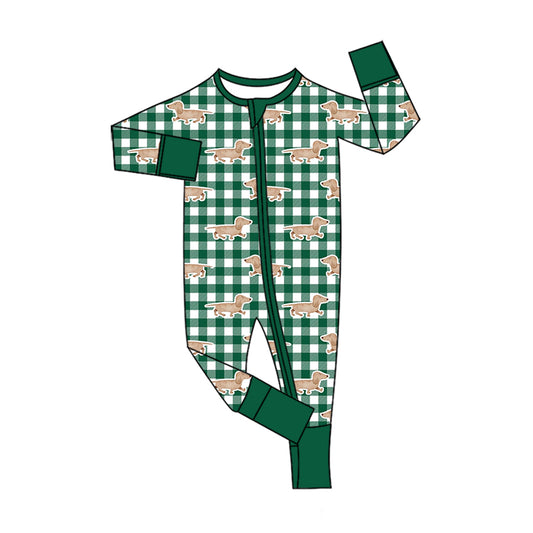 Preorder (moq 5) Baby Girl Clothes Green Buffalo Plaid Dachshund Dog Allover Print Long Sleeve Zip Romper Jumpsuit