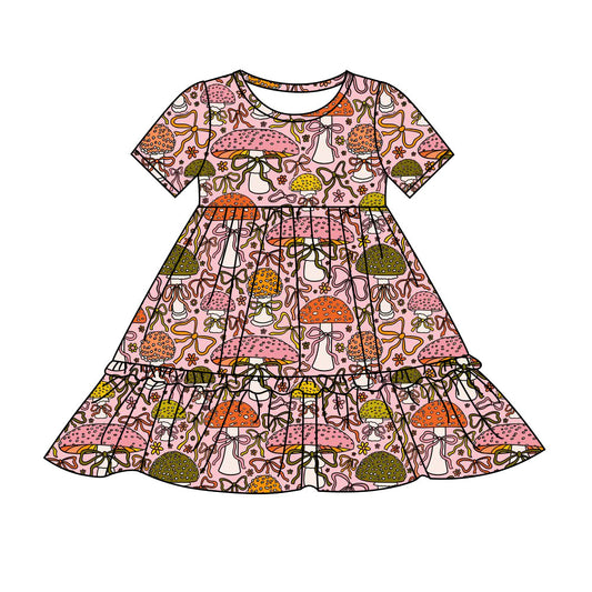Preorder(moq 8)Baby Girls Colorful Mushrooms Bows Flowers Ruffle Knee Length Dresses