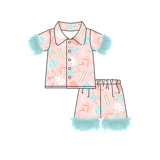 Preorder (moq 5)Baby Girls Bows Eggs Button Top Shorts Easter Fur Pajamas Sets