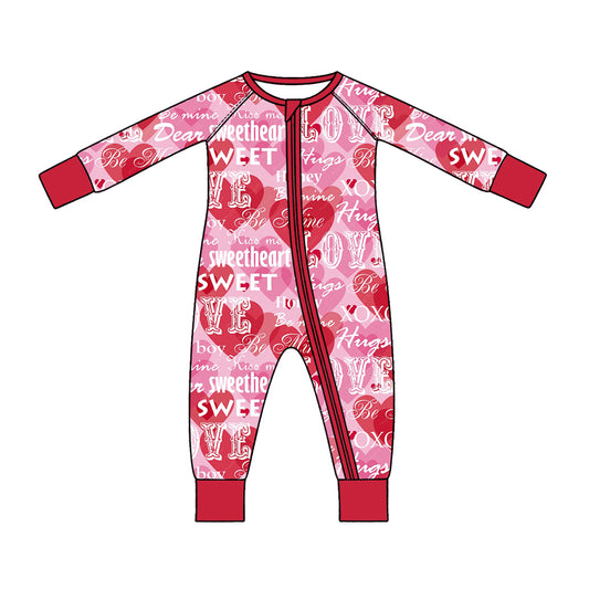 Preorder (moq 5) Baby Girl Clothes Valentine Sweetheart Word Heart Mixed Print Long Sleeve Zipper Romper