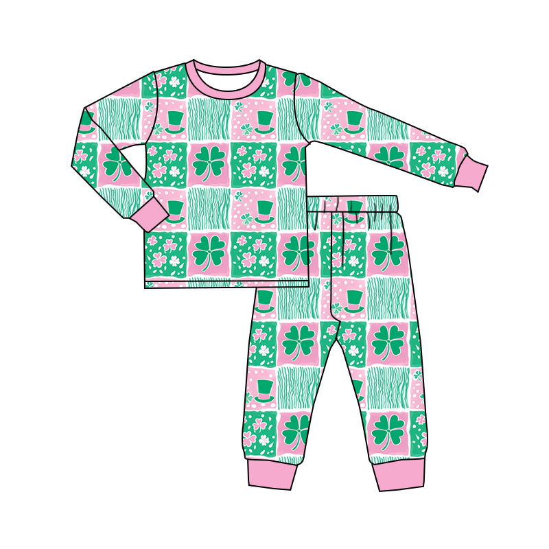 Preorder (moq 5) Baby Girl Clothes St Patricks Day Clover Hat Patchwork Long Sleeve Pajama Pant Set