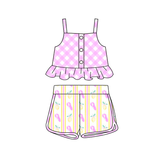 Preorder (moq 5)Baby Girls Pink Checkered Straps Top Crawfish Shorts Clothes Sets
