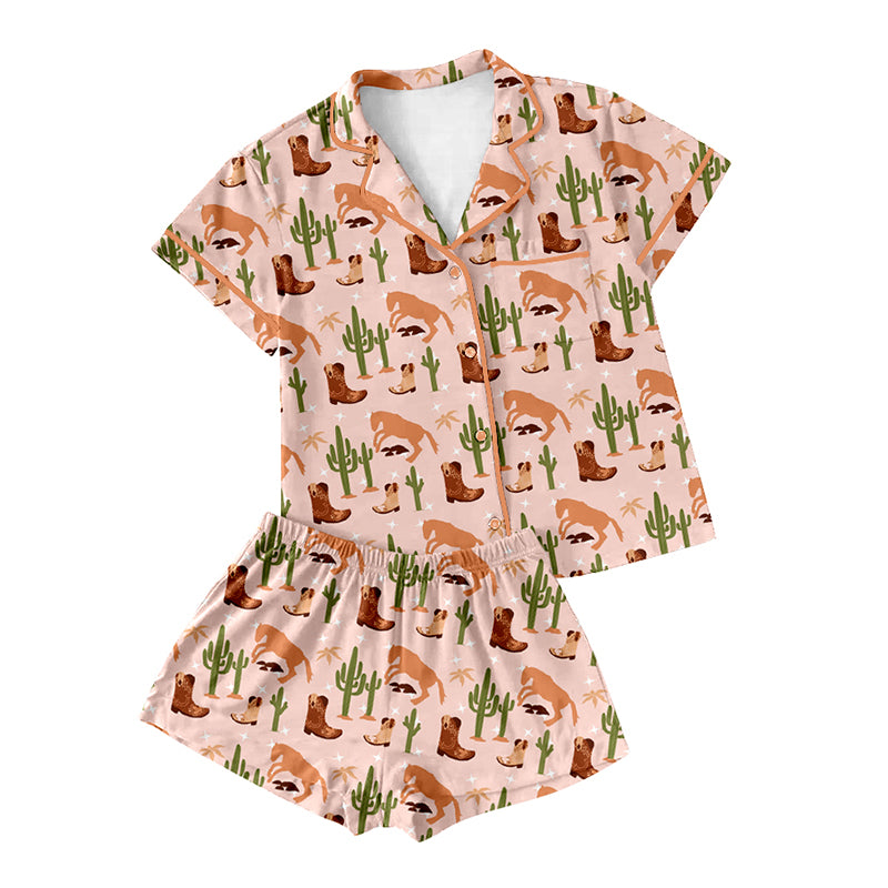 Preorder(moq 5)Adult Women Pink Short Sleeves Button Pocket Cactus Boots Top Short Pajamas Set