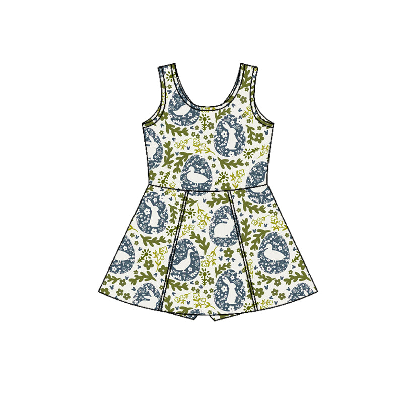 Preorder (moq 5)Baby Girls Sleeveless Flowers Rabbits Shorts Easter Knee Length Dresses